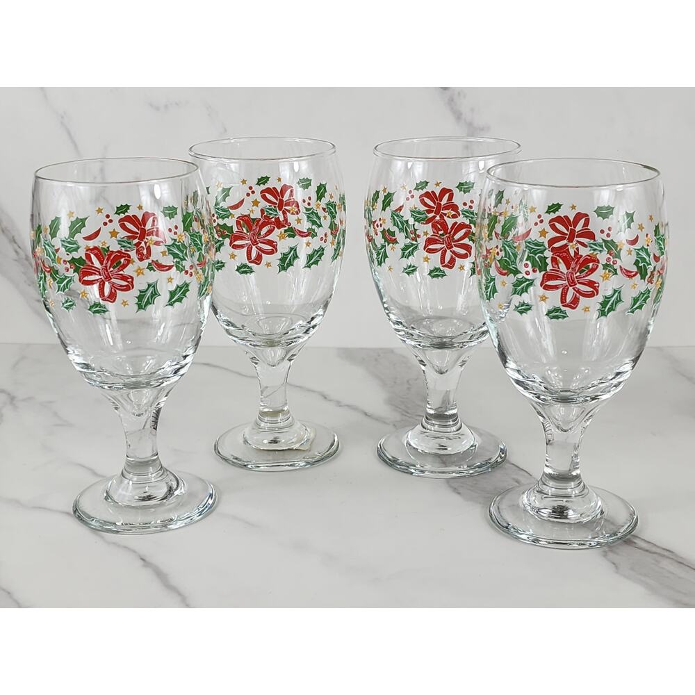Libbey Christmas Holly and Ribbon Water Goblets 16oz Holiday 80s x4 Made in USA